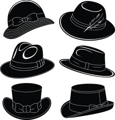 Set of classic vintage black hat silhouettes vector illustration