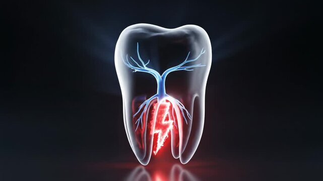 3D dental anatomy illustration showing tooth root canal and nerve system in detail