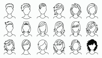 Hairstyle silhouette set. Male and female haircut outlines, faceless head avatars, barber shop and beauty salon vector collection.
