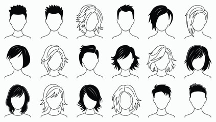 Hairstyle silhouette set. Male and female haircut outlines, faceless head avatars, barber shop and beauty salon vector collection.