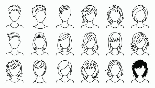 Hairstyle silhouette set. Male and female haircut outlines, faceless head avatars, barber shop and beauty salon vector collection.
