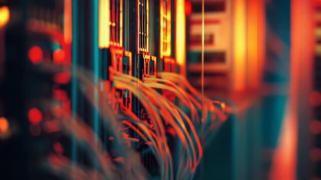 Network cables connecting into server racks, illuminating with glowing lights in a complex data center infrastructure, enabling global information exchange and cloud services