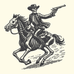 Fototapeta premium A skeletal cowboy rides a skeletal horse in a dramatic vintage illustration, wielding a pistol on a dusty, wild west background.