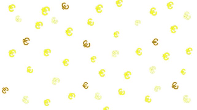 Golden glowing euro symbol animation on a white background. Softly glowing gold and yellow euro symbols rotate and scale in and out with gentle rhythm, evoking economic stability, and prosperity.