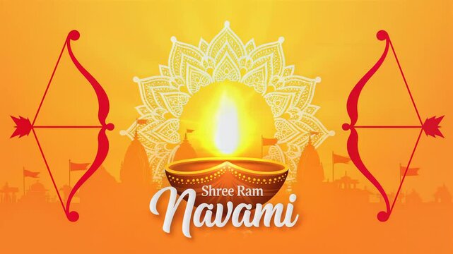 Shree Ram Navami Hindu Festival Background with Diya and Bow Arrow