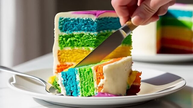 A vibrant slice of rainbow cake being cut with a knife on a white plate, with colorful layers visible