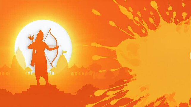 Lord Rama Silhouette with Temple and Sun Background for Ram Navami