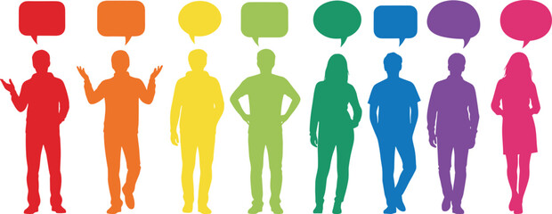 People silhouette collection with colorful community group and speech bubbles, diverse social communication vector for conversation and public speaking illustration.