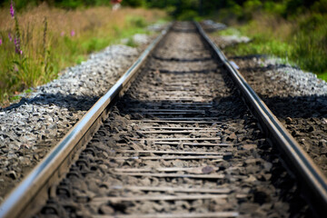 Endless Railway Tracks Leading Towards the Horizon in Rural Landscape