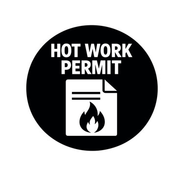 Flat vector badge HOT WORK PERMIT simple white document with flame