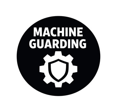 Flat vector badge MACHINE GUARDING simple white gear with shield