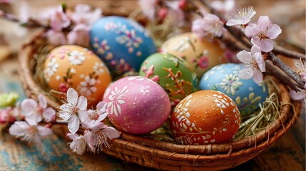 Obraz premium Easter wishes arrive with bright eggs, blossoms, and festive touches.