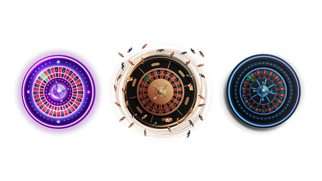 Collection of 3D casino roulette wheels isolated for your arts, top view. Three images of a roulette wheel with neon effects