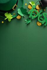 Fototapeta premium Festive vertical St Patrick's Day greeting featuring a green leprechaun hat, paper shamrocks, gold coins and confetti on a dark green background for celebration cards and party promotions
