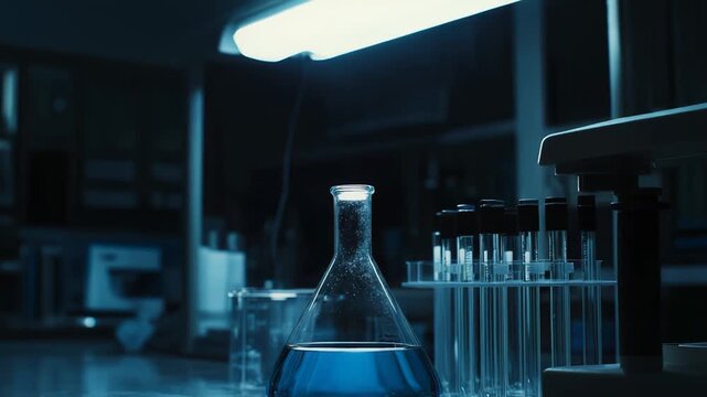 Laboratory flask filled with blue liquid sitting on a workbench alongside test tubes in a dark scientific environment, highlighting ongoing chemical research and development