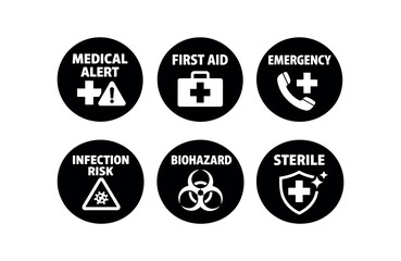 Obraz premium badge texts and icons: MEDICAL ALERT with cross and alert triangle icon FIRST AID with first aid kit cross icon EMERGENCY with phone cross icon INFECTION RISK with germ alert triangle icon