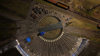 Railway turntable for locomotives aerial view train turntable at night