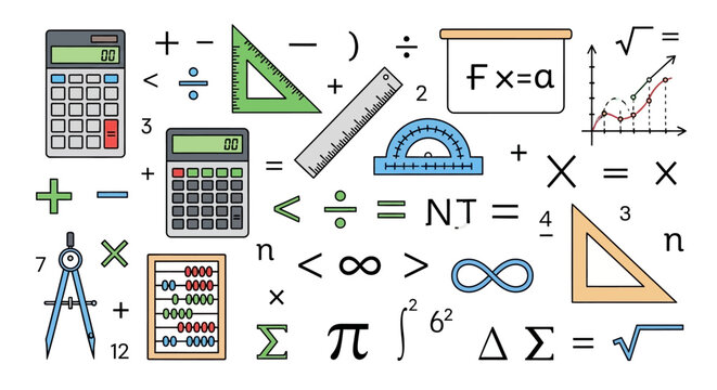 Mathematical and scientific symbols with calculators and geometric tools on white background.