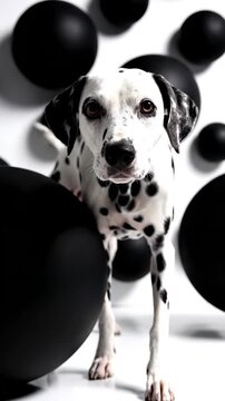 A Dalmatian looks at the camera against a background of black and white spheres. Geometric pattern, spotted fur, cute pet, graphic design.