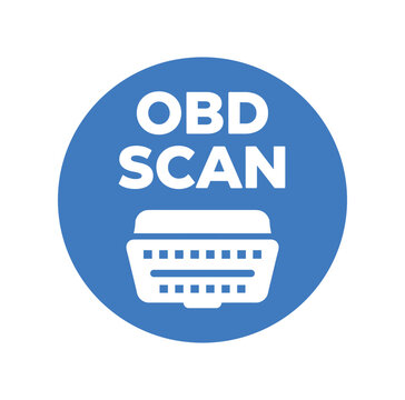 Flat vector badge OBD SCAN simple white diagnostic plug