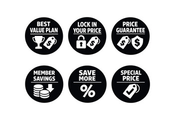 Fototapeta premium badge texts and icons: BEST VALUE PLAN with trophy and price tag icon LOCK YOUR PRICE with padlock and price tag icon PRICE GUARANTEE with price tag and shield icon MEMBER SAVINGS with coin