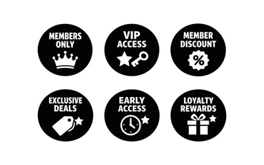 Obraz premium badge texts and icons: MEMBERS ONLY with crown icon VIP ACCESS with and key icon MEMBER DISCOUNT with percent symbol and badge icon EXCLUSIVE DEALS with price tag and icon EARLY ACCESS with