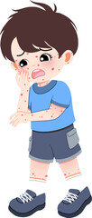 A young boy is sick with a rash on his face and body while standing alone.