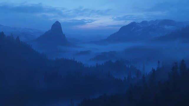 Blue mist settles over layered mountain peaks and valleys at dusk, scattered pines rising from shadowy slopes for a serene, mysterious wilderness scene of tranquil solitude
