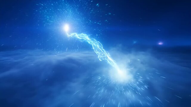 Spectacular display of blue lightning and energy cascade across a vibrant sky