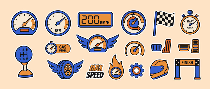 Racing Elements: A collection of vibrant icons representing the thrill and excitement of car racing, including speedometers, flags, and gear.