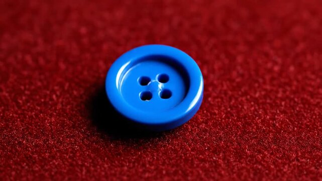 Close-up of a vibrant blue button on a textured red fabric surface.