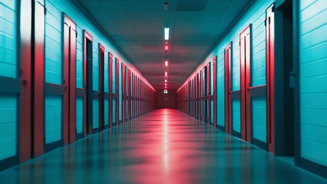 Long hospital hallway or abstract corridor extending into the distance, with bright red neon lights reflecting on the polished floor and cold cyan glow illuminating the walls and multiple doors