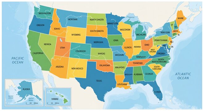 A colorful map of the United States, showing each state with its name.