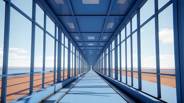 Futuristic glass walkway offering a panoramic view, showcasing linear perspective and architectural design connecting spaces with a bright, open feel, symbolizing progress and journey