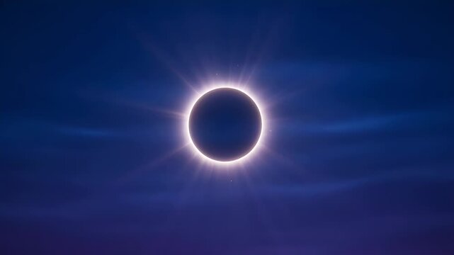 Dramatic total solar eclipse with corona against a dark blue sky background