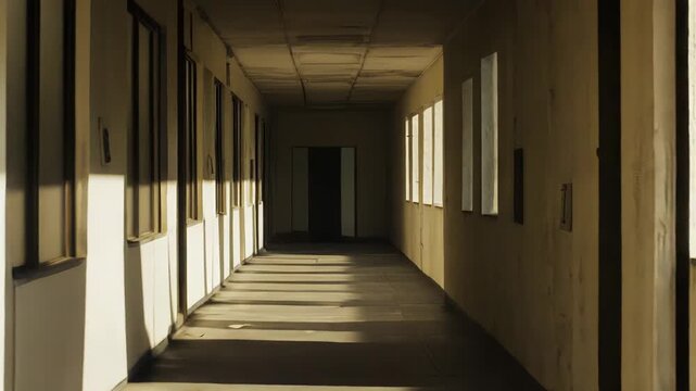 Architectural hallway capturing the late afternoon sun, casting geometric shadows across the tiled floor, creating a sense of deep perspective and quiet abandonment within a liminal space