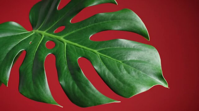 Close-up of a vibrant green monstera leaf against a bold red background.