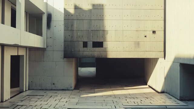 Brutalist concrete courtyard with geometric walls and a reflective pool under bright sunlight, long sharp shadows carving minimalist paving and calm, abstract architectural forms