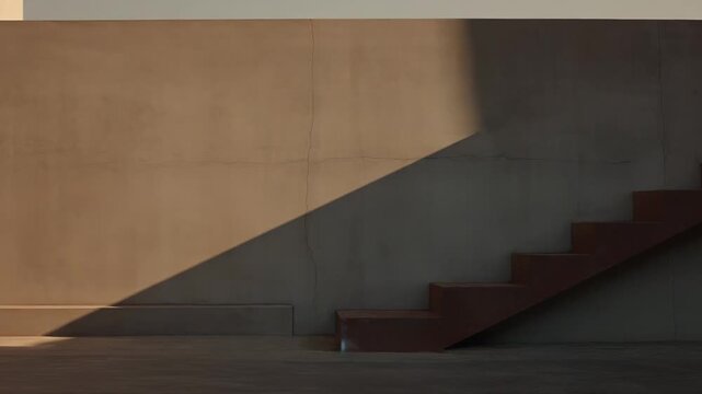 Architectural exterior showcasing minimalist design, with warm beige wall and terracotta stairs casting strong diagonal shadows under bright daylight, highlighting geometric shapes and lines