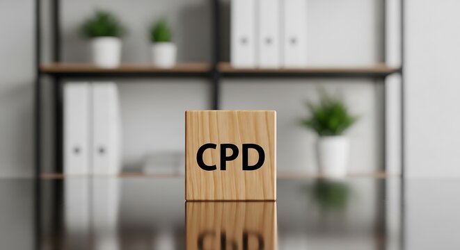 Close-up of a wooden cube with "CPD" on a reflective surface, in an office