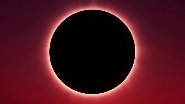 Dramatic total solar eclipse with the sun's corona shining vividly on a red background