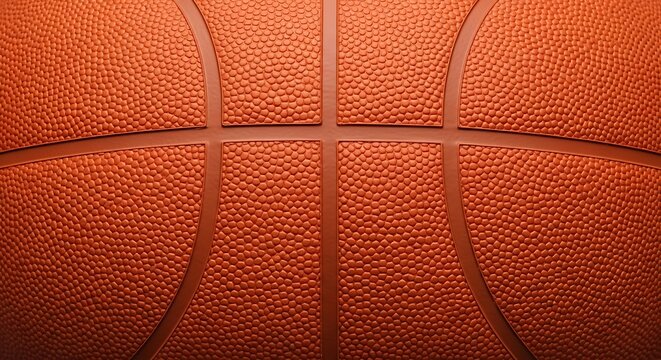 Close-up of an orange basketball, showing the texture and black lines