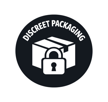 Flat vector badge DISCREET PACKAGING simple white padlock over package box