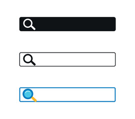 Obraz premium Search input field with magnifying glass icon on left UI icon vector icon set three styles: black solid silhouette thin black outline and flat colored with solid fills. Clean professional