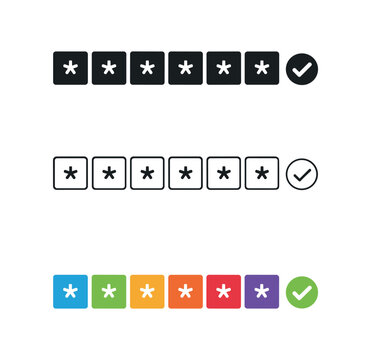 OTP input six boxes for verification code entry UI icon vector icon set three styles: black solid silhouette thin black outline and flat colored with solid fills. Clean professional design