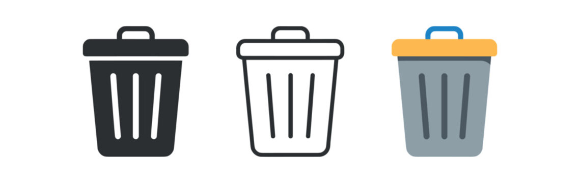 Delete trash bin with lid for permanent delete action UI icon vector icon set three styles: black solid silhouette thin black outline and flat colored with solid fills. Clean professional