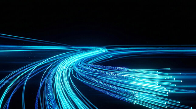 High-Speed Fiber Optic Data Streams and Glowing Blue Communication Cables