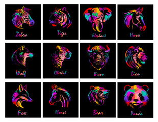 Fototapeta premium Heads of colorful animals. Hand drawn. Not AI, vector illustration