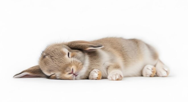 Cute baby bunny sleeping peacefully on white studio background