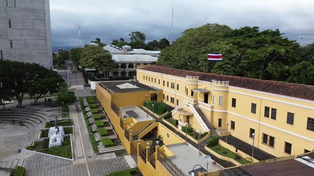 Drone Orbit Shot from Left to Right Around Museo del Oro Precolombino in San Jos&eacute;, Costa Rica &ndash; Cultural Landmark